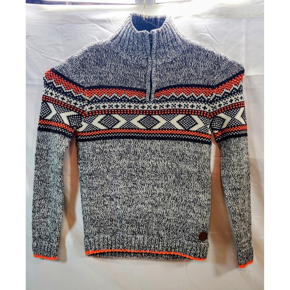 Vintage Men's Angelo Litrico Wool Quarter Zip Sweater Gray Orange White Black S